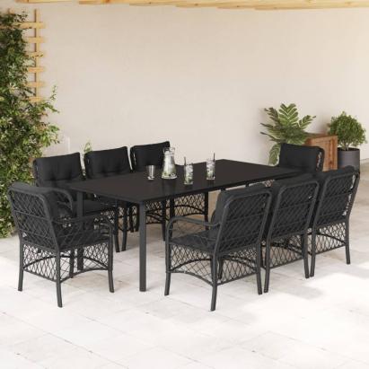 Set mobilier de grădină cu perne, 9 piese, negru, poliratan GartenMobel Dekor
