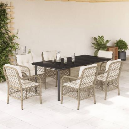 Set de masă pentru grădină, 7 piese, cu perne, bej, poliratan GartenMobel Dekor