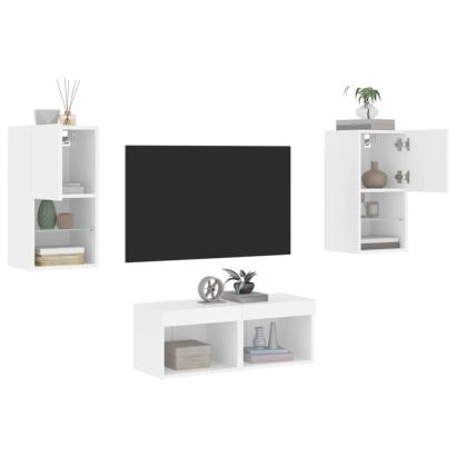 Comode TV de perete cu lumini LED, 4 piese, alb GartenMobel Dekor