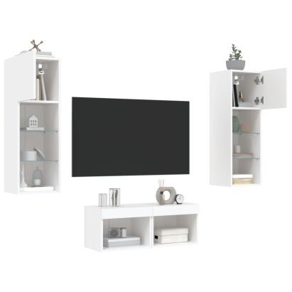 Comode TV de perete cu lumini LED, 4 piese, alb GartenMobel Dekor
