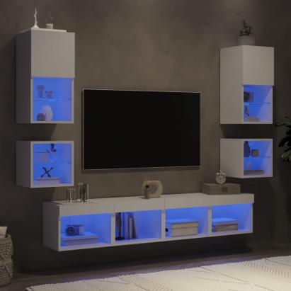 Unități de perete TV cu LED-uri, 8 piese, alb, lemn prelucrat GartenMobel Dekor