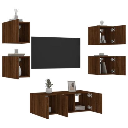 Unități de perete TV cu LED-uri, 6 piese, stejar maro, lemn GartenMobel Dekor