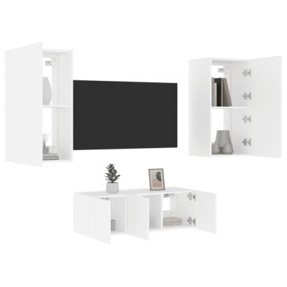 Unități de perete TV cu LED-uri, 4 piese, alb, lemn prelucrat GartenMobel Dekor