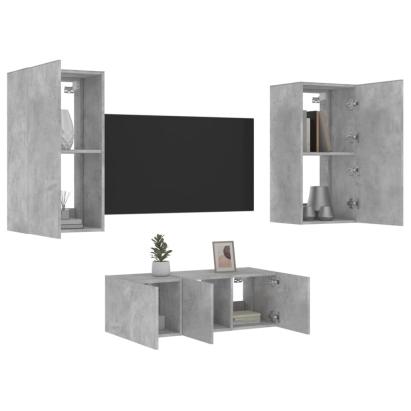 Unități TV de perete cu LED-uri 4 piese gri beton lemn compozit GartenMobel Dekor