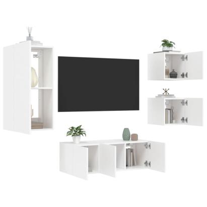 Unități de perete TV cu LED-uri, 5 piese, alb, lemn prelucrat GartenMobel Dekor