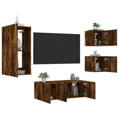 Unități de perete TV cu LED-uri, 5 piese, stejar fumuriu, lemn GartenMobel Dekor