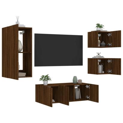 Unități de perete TV cu LED-uri, 5 piese, stejar maro, lemn GartenMobel Dekor