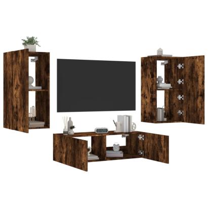 Comode TV de perete cu lumini LED, 3 piese, stejar fumuriu GartenMobel Dekor