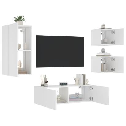 Comode TV de perete cu lumini LED, 4 piese, alb GartenMobel Dekor