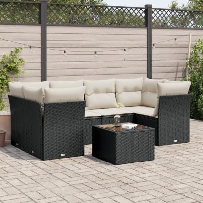 Set canapele de grădină cu perne, 7 piese, negru, poliratan GartenMobel Dekor
