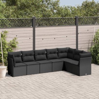 Set canapele de grădină cu perne, 7 piese, negru, poliratan GartenMobel Dekor