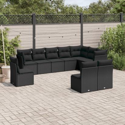 Set canapele de grădină cu perne, 10 piese, negru, poliratan GartenMobel Dekor