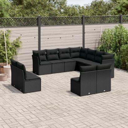 Set canapele de grădină cu perne, 11 piese, negru, poliratan GartenMobel Dekor