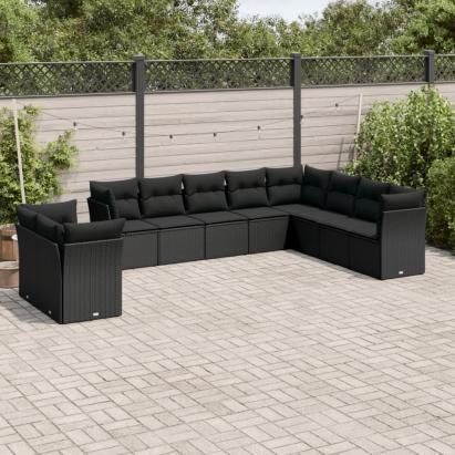 Set canapele de grădină cu perne, 10 piese, negru, poliratan GartenMobel Dekor