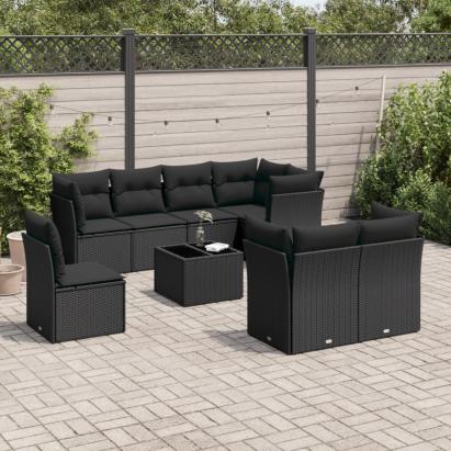 Set mobilier de grădină cu perne, 9 piese, negru, poliratan GartenMobel Dekor