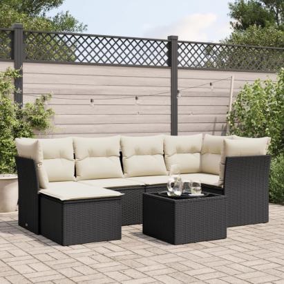 Set canapele de grădină cu perne, 7 piese, negru, poliratan GartenMobel Dekor
