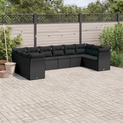 Set canapele de grădină cu perne, 10 piese, negru, poliratan GartenMobel Dekor