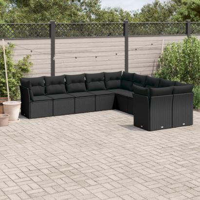 Set canapele de grădină cu perne, 10 piese, negru, poliratan GartenMobel Dekor