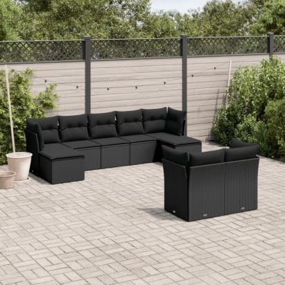 Set mobilier de grădină cu perne, 9 piese, negru, poliratan GartenMobel Dekor