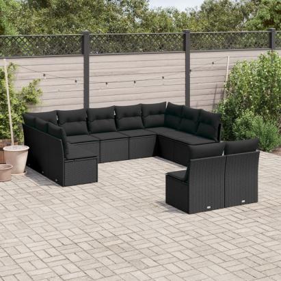 Set canapele de grădină cu perne, 11 piese, negru, poliratan GartenMobel Dekor
