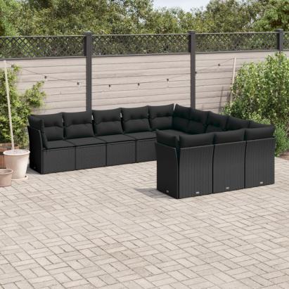 Set canapele de grădină cu perne, 11 piese, negru, poliratan GartenMobel Dekor