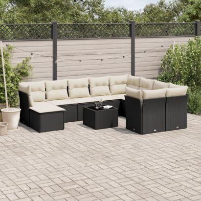 Set canapele de grădină cu perne, 11 piese, negru, poliratan GartenMobel Dekor