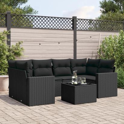 Set canapele de grădină cu perne, 7 piese, negru, poliratan GartenMobel Dekor