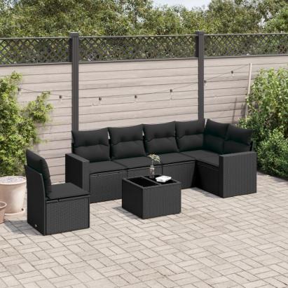 Set canapele de grădină cu perne, 7 piese, negru, poliratan GartenMobel Dekor