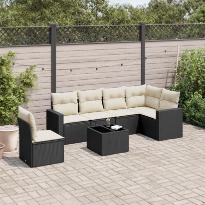 Set canapele de grădină cu perne, 7 piese, negru, poliratan GartenMobel Dekor