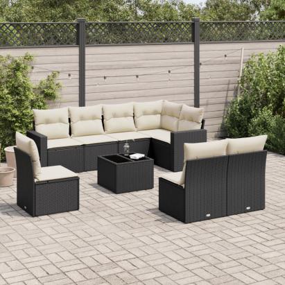 Set mobilier de grădină cu perne, 9 piese, negru, poliratan GartenMobel Dekor