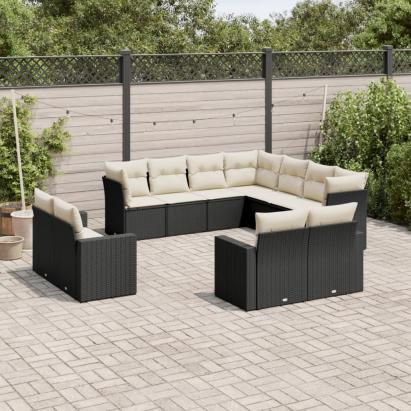 Set canapele de grădină cu perne, 11 piese, negru, poliratan GartenMobel Dekor