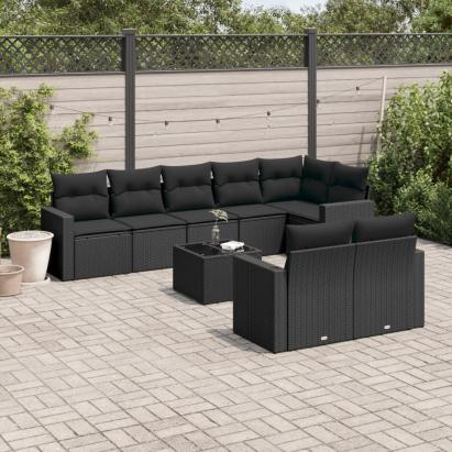 Set mobilier de grădină cu perne, 9 piese, negru, poliratan GartenMobel Dekor