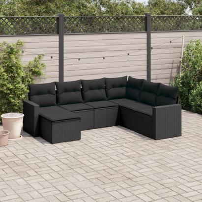 Set canapele de grădină cu perne, 7 piese, negru, poliratan GartenMobel Dekor