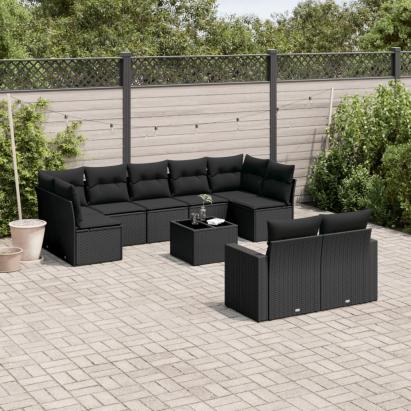 Set canapele de grădină cu perne, 10 piese, negru, poliratan GartenMobel Dekor