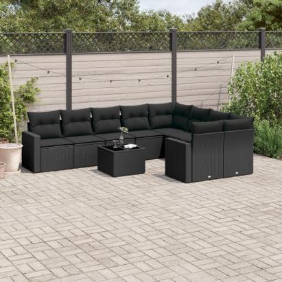 Set canapele de grădină cu perne, 10 piese, negru, poliratan GartenMobel Dekor