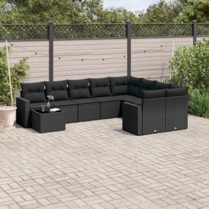 Set canapele de grădină cu perne, 10 piese, negru, poliratan GartenMobel Dekor