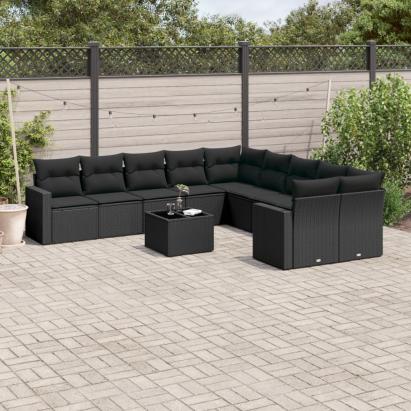 Set canapele de grădină cu perne, 11 piese, negru, poliratan GartenMobel Dekor