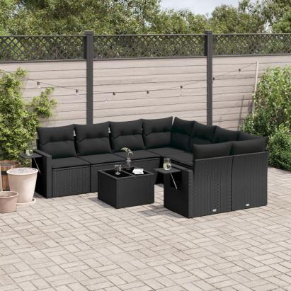 Set mobilier de grădină cu perne, 9 piese, negru, poliratan GartenMobel Dekor