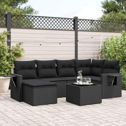 Set canapele de grădină cu perne, 7 piese, negru, poliratan GartenMobel Dekor