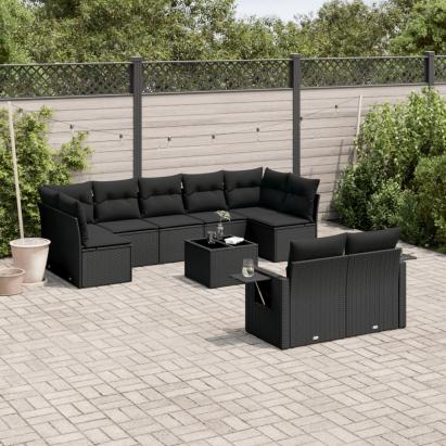 Set canapele de grădină cu perne, 10 piese, negru, poliratan GartenMobel Dekor