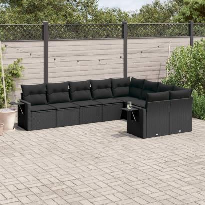 Set mobilier de grădină cu perne, 9 piese, negru, poliratan GartenMobel Dekor