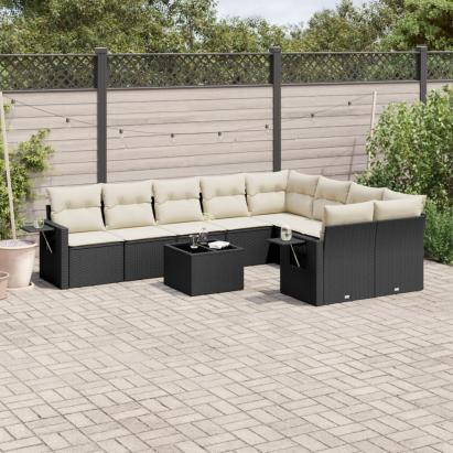 Set canapele de grădină cu perne, 10 piese, negru, poliratan GartenMobel Dekor