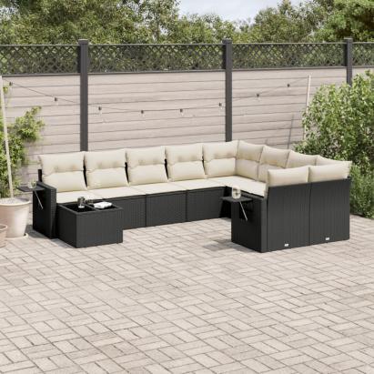 Set canapele de grădină cu perne, 10 piese, negru, poliratan GartenMobel Dekor