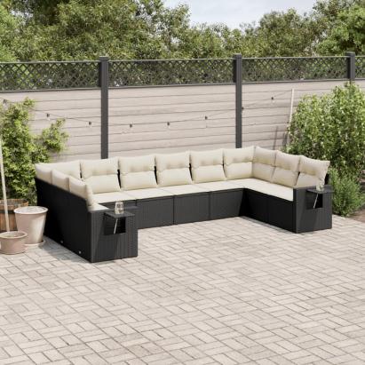 Set canapele de grădină cu perne, 10 piese, negru, poliratan GartenMobel Dekor
