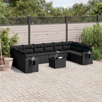 Set canapele de grădină cu perne, 11 piese, negru, poliratan GartenMobel Dekor