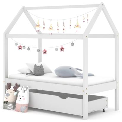 Cadru pat copii cu un sertar, alb, 70x140 cm, lemn masiv de pin GartenMobel Dekor