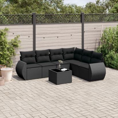 Set canapele de grădină cu perne, 7 piese, negru, poliratan GartenMobel Dekor