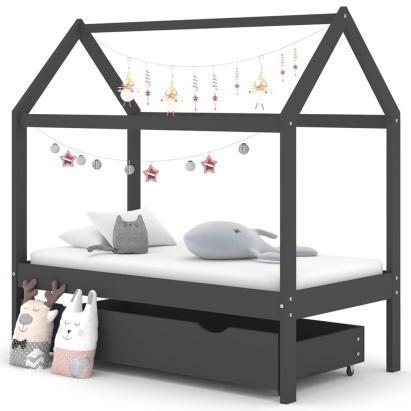 Cadru pat copii cu sertar gri închis 70x140 cm lemn masiv pin GartenMobel Dekor