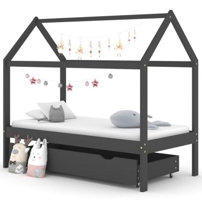Cadru pat copii cu sertar gri închis 80x160 cm lemn masiv pin GartenMobel Dekor