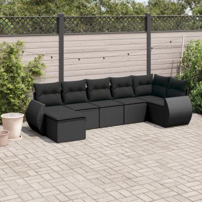 Set canapele de grădină cu perne, 7 piese, negru, poliratan GartenMobel Dekor
